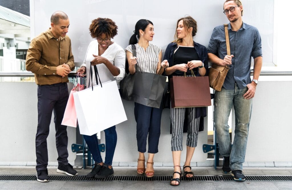 many people buy product and talk together