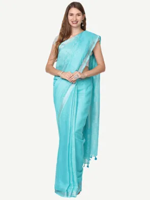 Sky Blue Linen Saree with Tassels and Matching Blouse