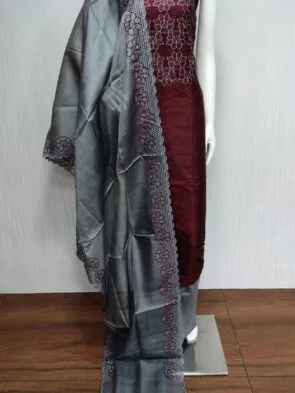Tussar Silk Dress Materials with Hand Cutwork Embroidery Design