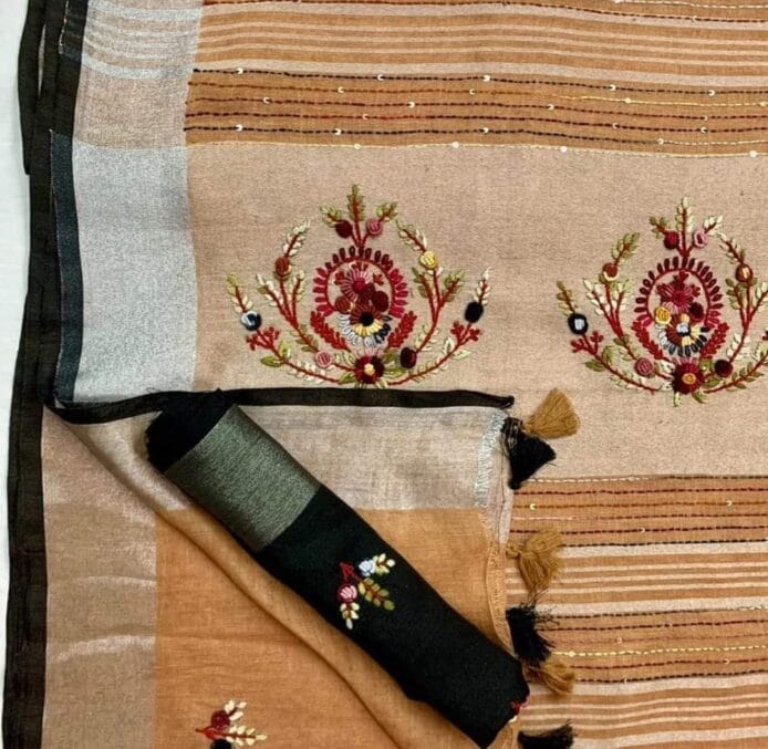 French Knot Linen Embroidery Saree