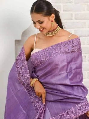Cut Work Tussar Silk Saree With Blouse Piece