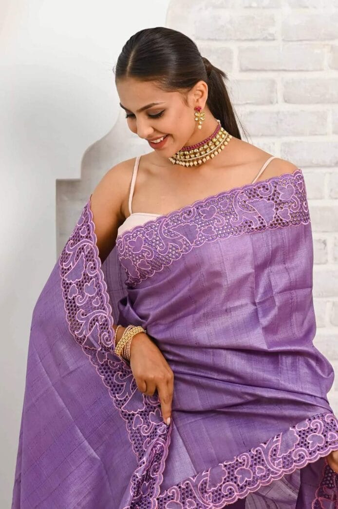 Cut Work Tussar Silk Saree With Blouse Piece