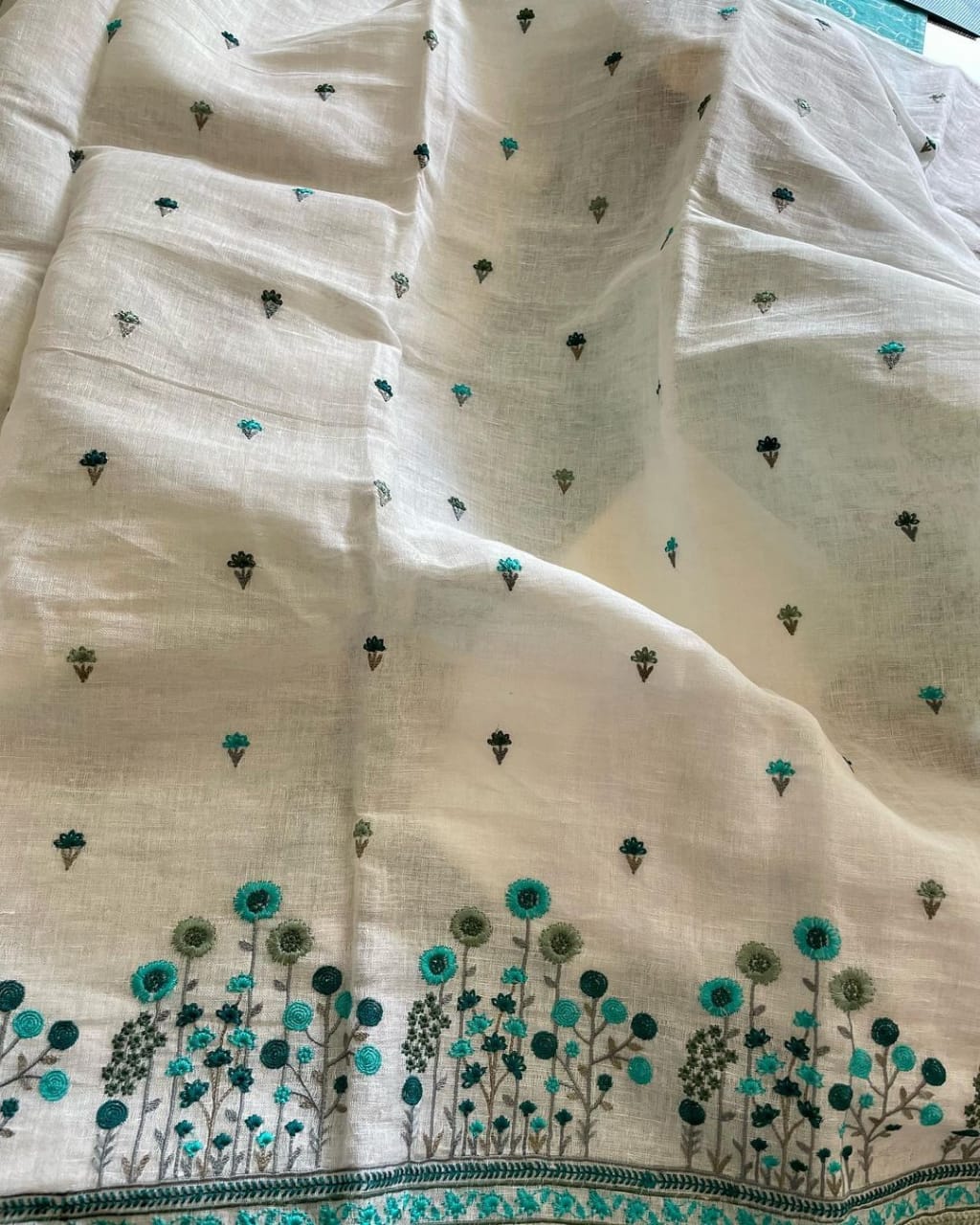 Pistachio Linen dress material with Tussar Dupatta at Rs.5990/Piece in  tirunelveli offer by Shivanes Boutique