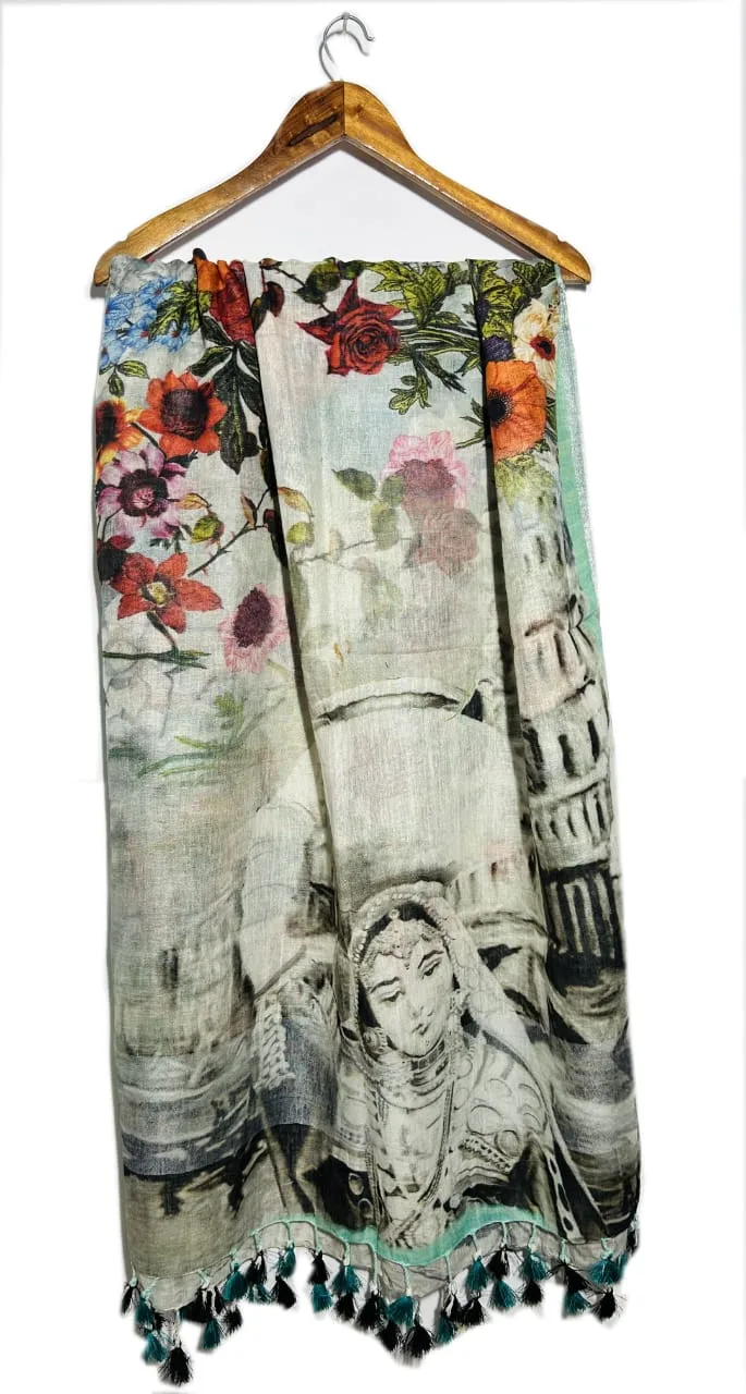 Pure Linen Digital Print Long Scarves for Women