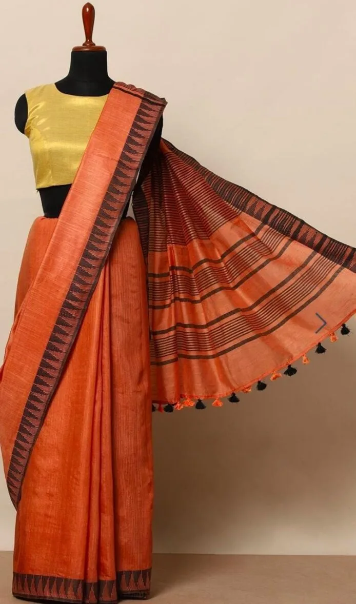 Semi Tussar Silk Sarees with Temple Border Design