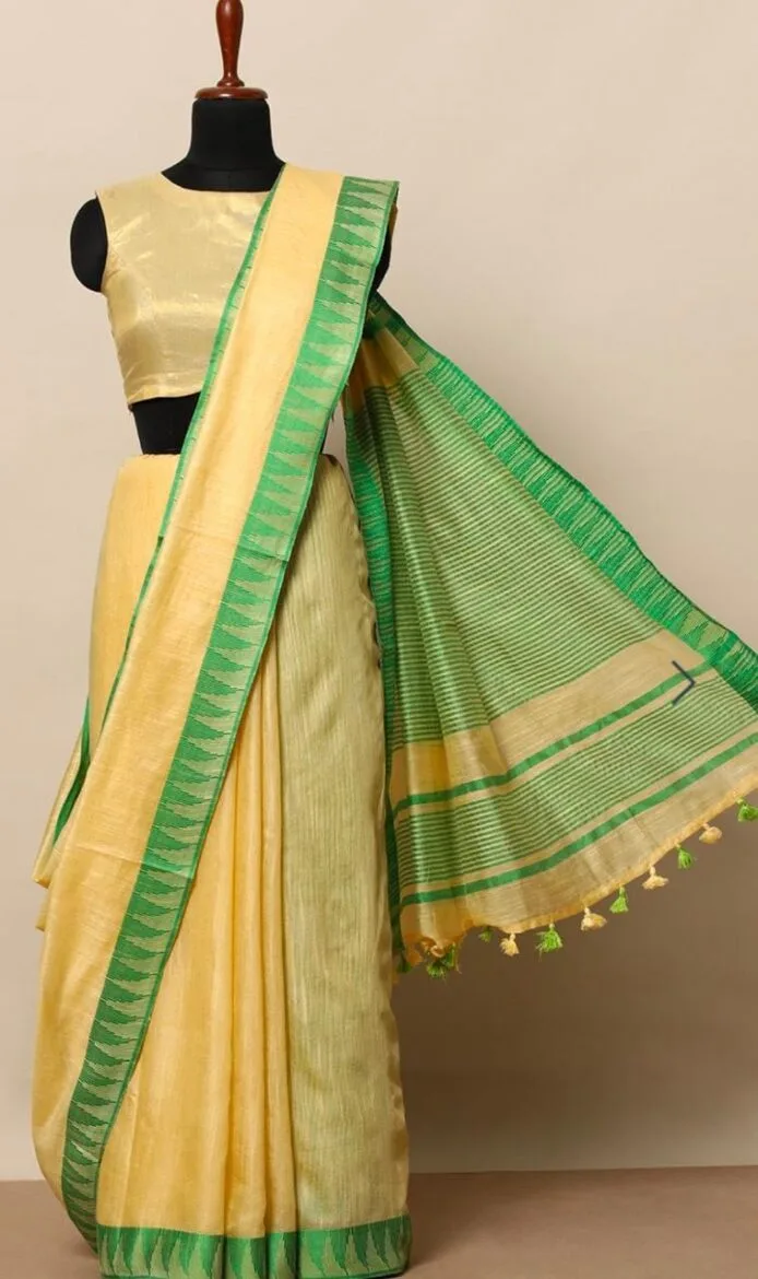 Semi Tussar Silk Sarees with Temple Border Design