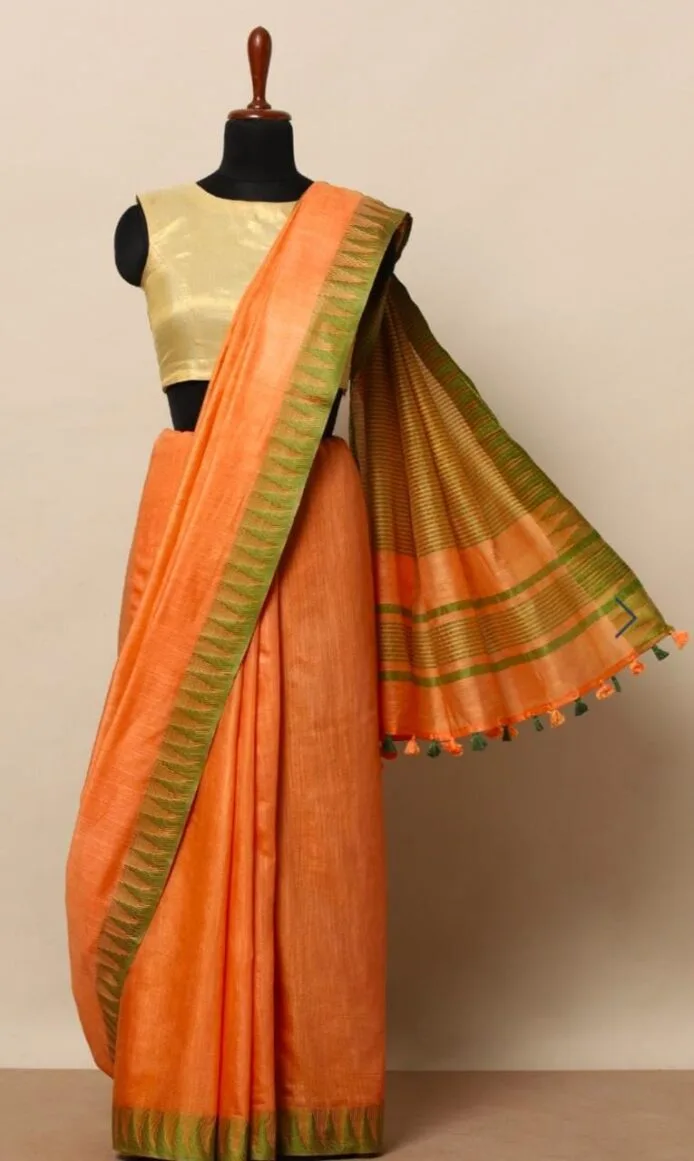 Semi Tussar Silk Sarees with Temple Border Design