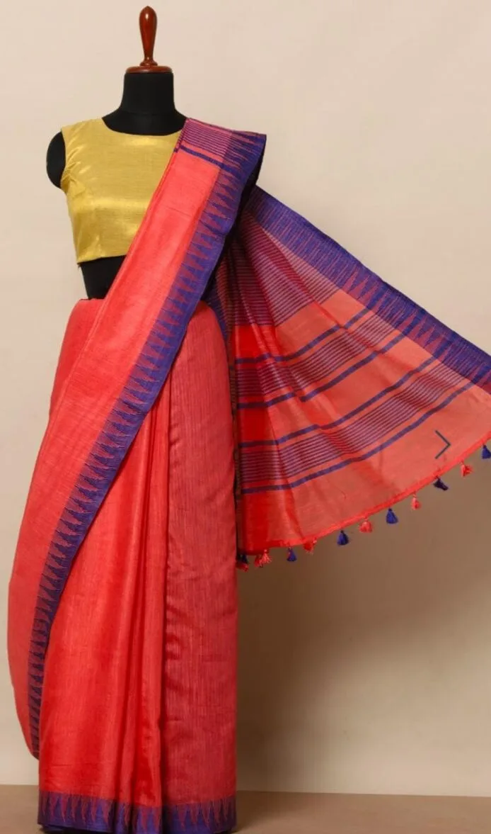 Semi Tussar Silk Sarees with Temple Border Design