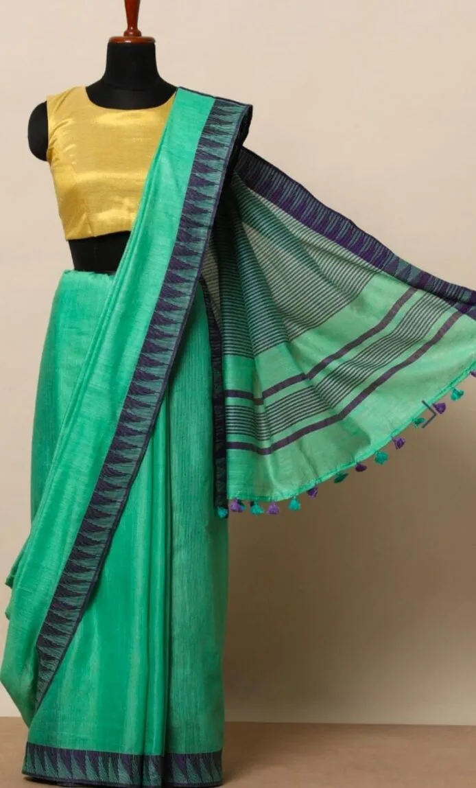 Semi Tussar Silk Sarees with Temple Border Design