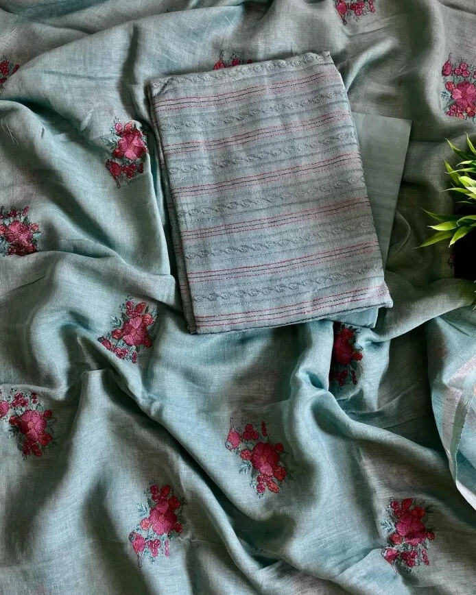In the picture Linen Embroidery Salwar Suit set with plant pot