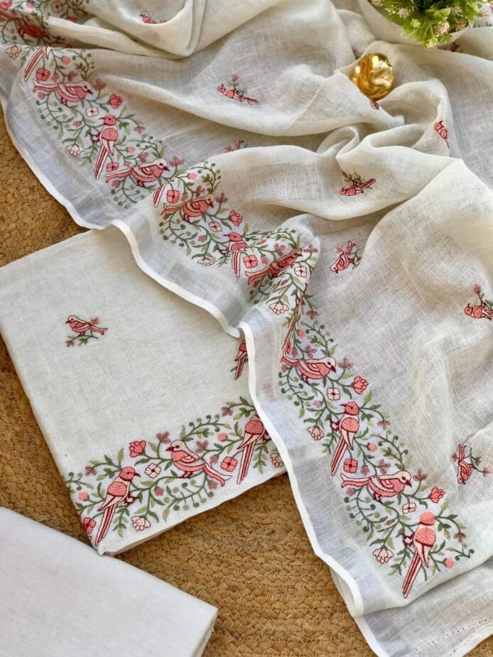 Linen Embroidery on Salwar Suits on the Floor