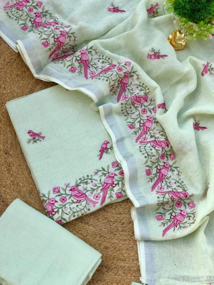 Linen Embroidery Suits with Pot on the floor