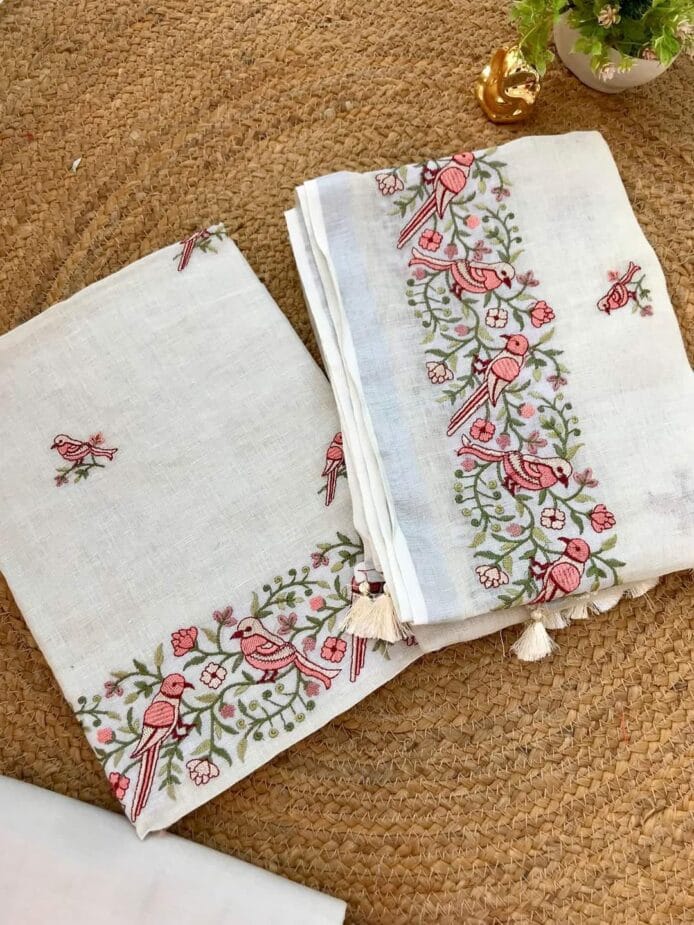 Linen Embroidery on Salwar Suits on the Floor