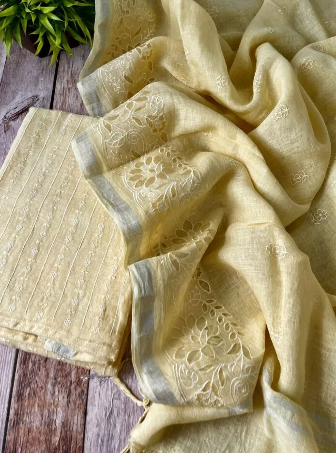 Pure Linen Hand Cutwork Embroidery Suit Design