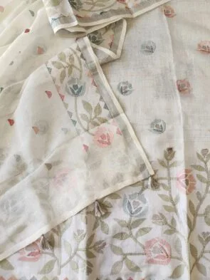 Off White Linen Heavy Embroidery Suits on the floor shoot