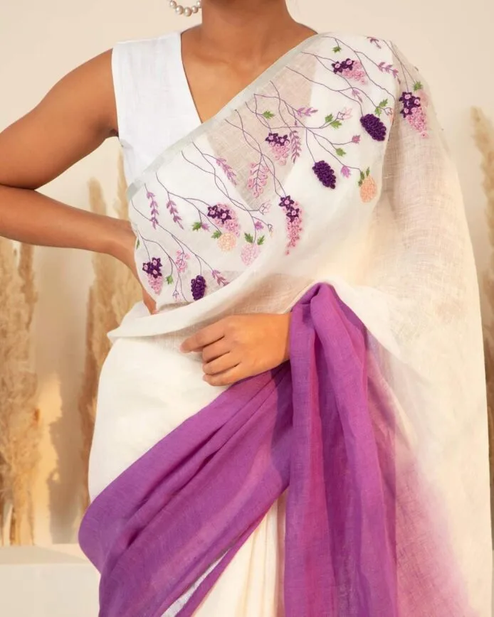 Linen Embroidered Sarees with model
