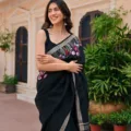 Pure Linen Saree with Hand Embroidered Saree and model wear the saree
