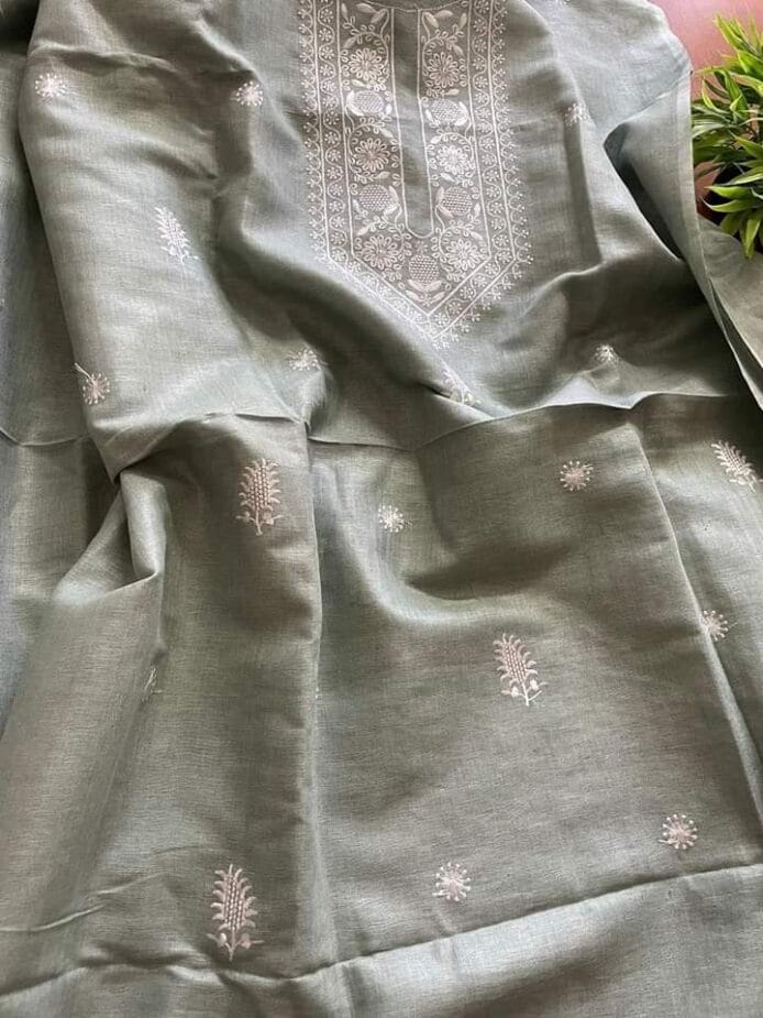Linen Embroidered Suit for Women shooting on the floor