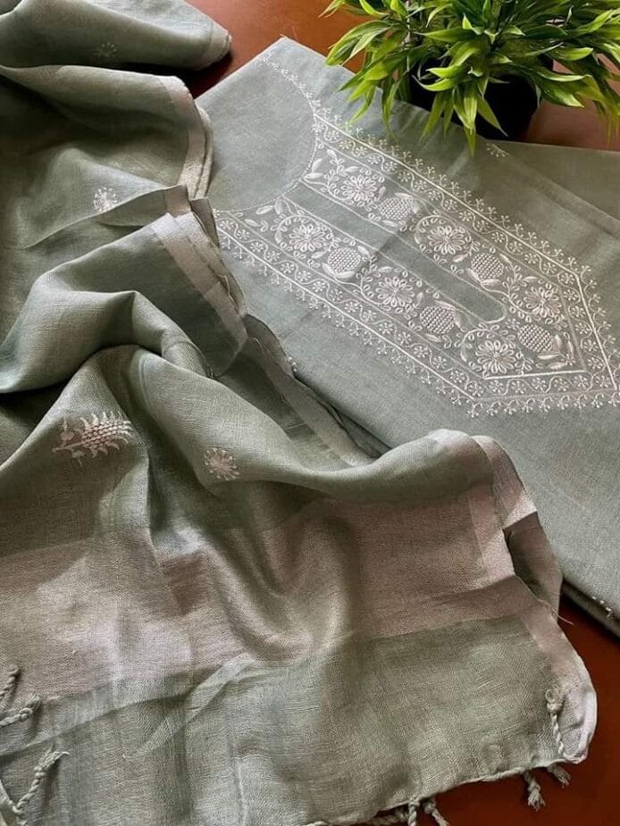 Linen Embroidered Suit for Women shooting on the floor