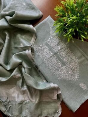 Linen Embroidered Suit for Women shooting on the floor