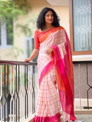 White Linen Sarees Online with Woven Check Design