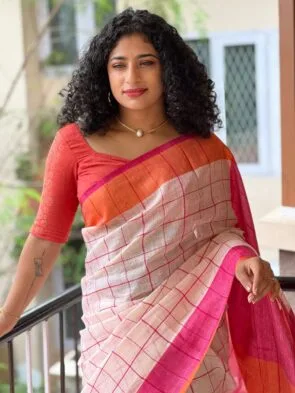 White Linen Sarees Online with Woven Check Design