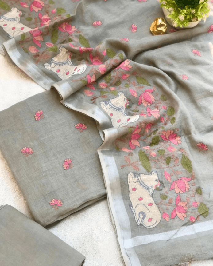 Exclusive Linen Embroidered Suit Online on the floor