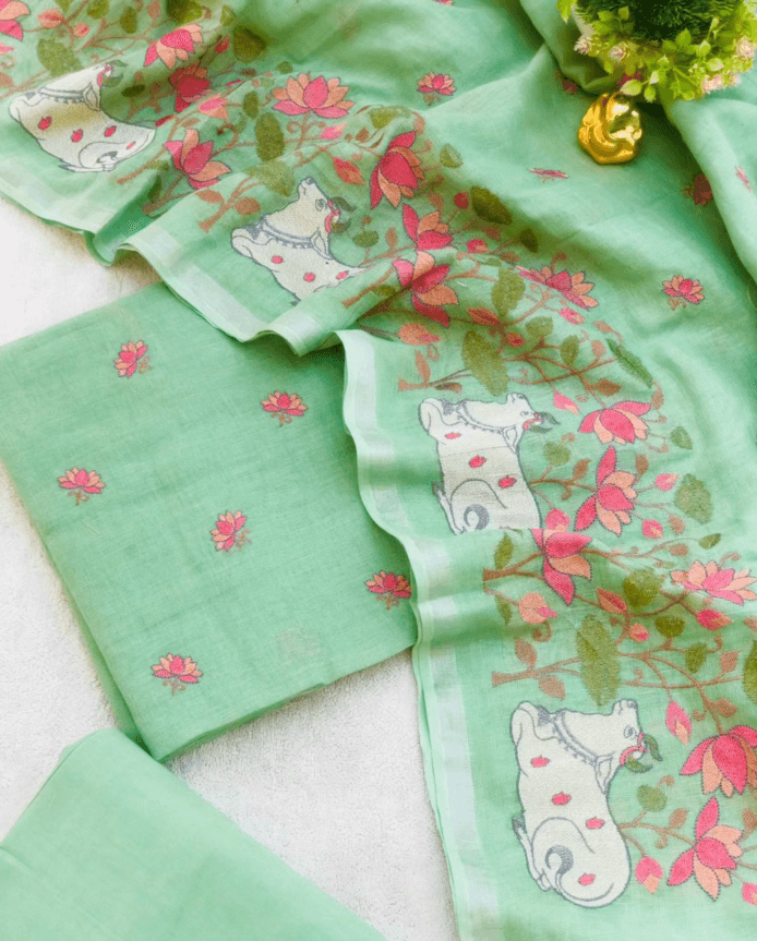 Exclusive Linen Embroidered Suit Online on the floor
