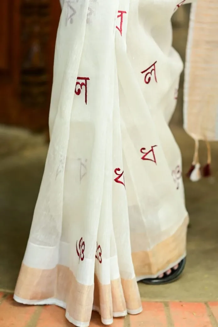 White Pure Linen Silk Saree with Intricate Embroidery Work, Model wear this saree