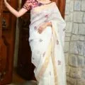 White Pure Linen Silk Saree with Intricate Embroidery Work, Model wear this saree