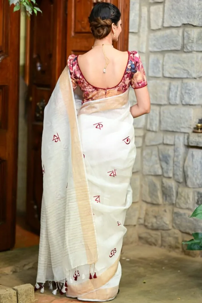 White Pure Linen Silk Saree with Intricate Embroidery Work, Model wear this saree