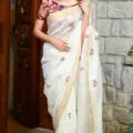 White Pure Linen Silk Saree with Intricate Embroidery Work, Model wear this saree