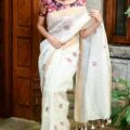 White Pure Linen Silk Saree with Intricate Embroidery Work, Model wear this saree