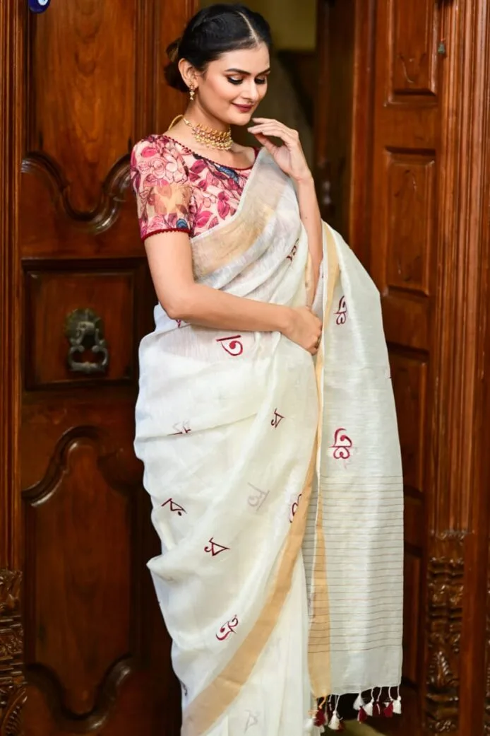 White Pure Linen Silk Saree with Intricate Embroidery Work, Model wear this saree