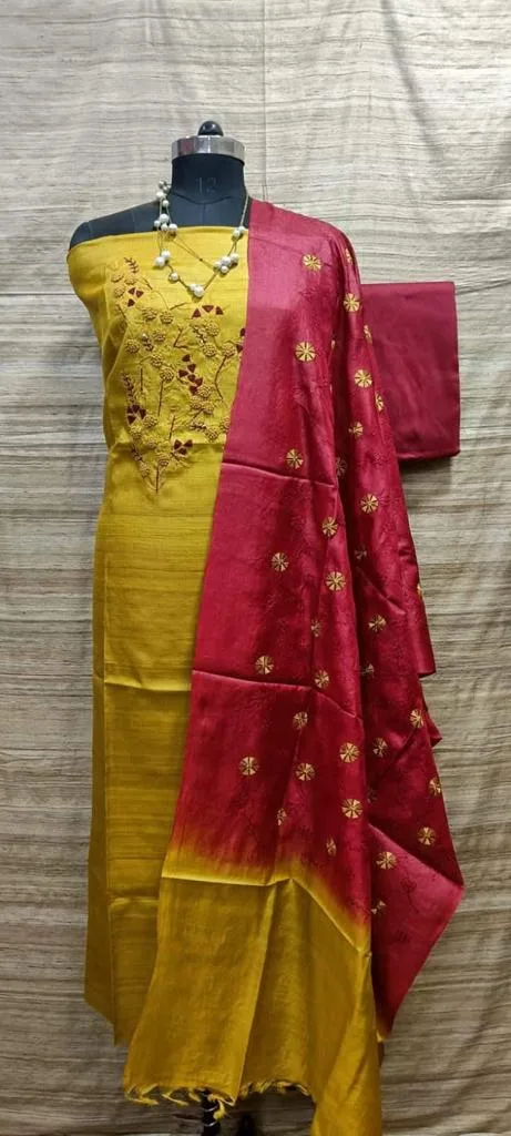 Tussar Silk Churidar Salwar Suit Material with Elegant Embroidery Design