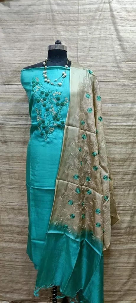 Tussar Silk Churidar Salwar Suit Material with Elegant Embroidery Design