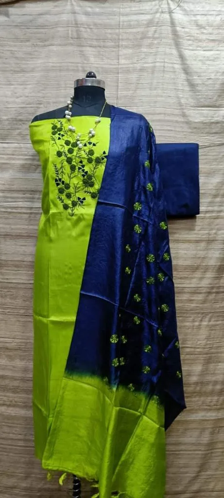 Tussar Silk Churidar Salwar Suit Material with Elegant Embroidery Design