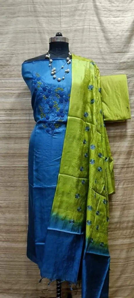 Tussar Silk Churidar Salwar Suit Material with Elegant Embroidery Design