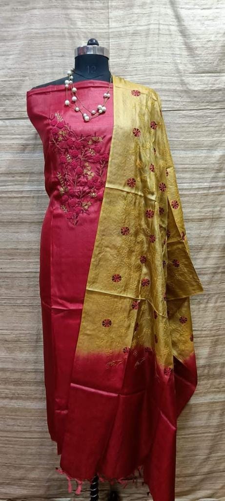 Tussar Silk Churidar Salwar Suit Material with Elegant Embroidery Design