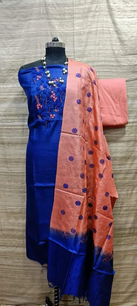 Tussar Silk Churidar Salwar Suit Material with Elegant Embroidery Design