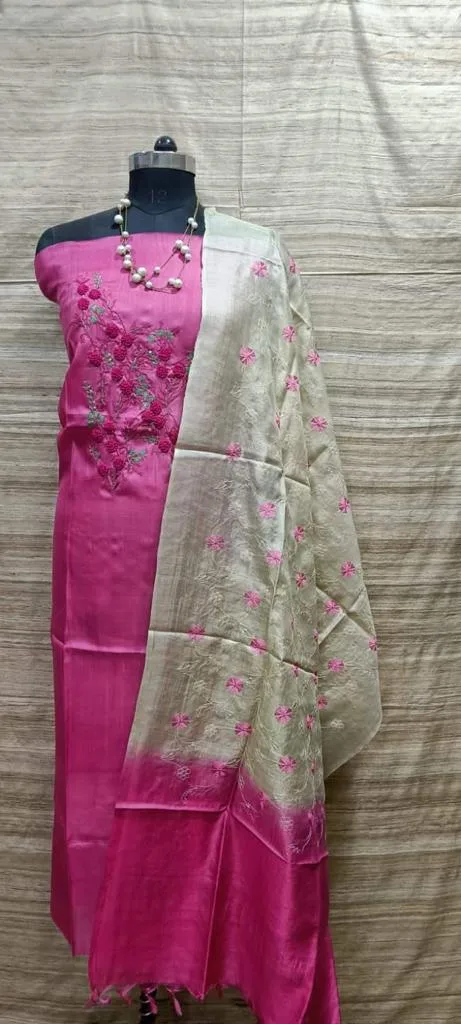Tussar Silk Churidar Salwar Suit Material with Elegant Embroidery Design