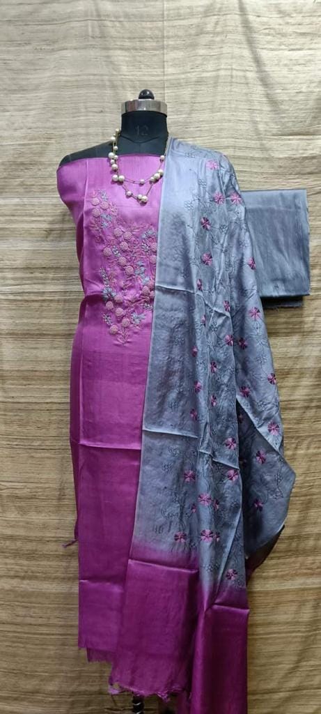 Tussar Silk Churidar Salwar Suit Material with Elegant Embroidery Design