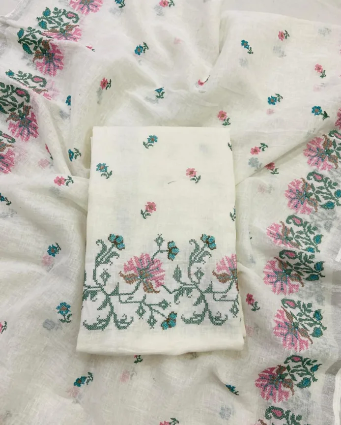 White Embroidered Salwar Kameez Material