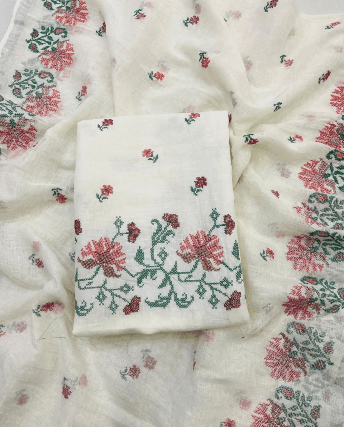 White Embroidered Salwar Kameez Material
