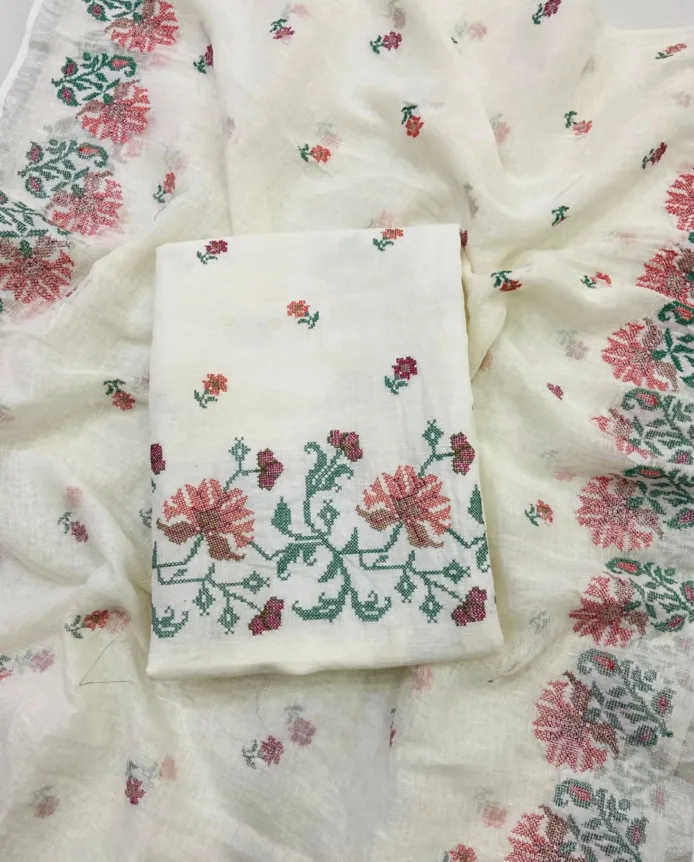 White Embroidered Salwar Kameez Material