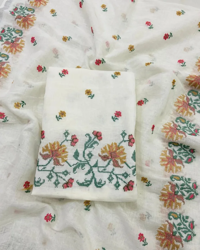 White Embroidered Salwar Kameez Material