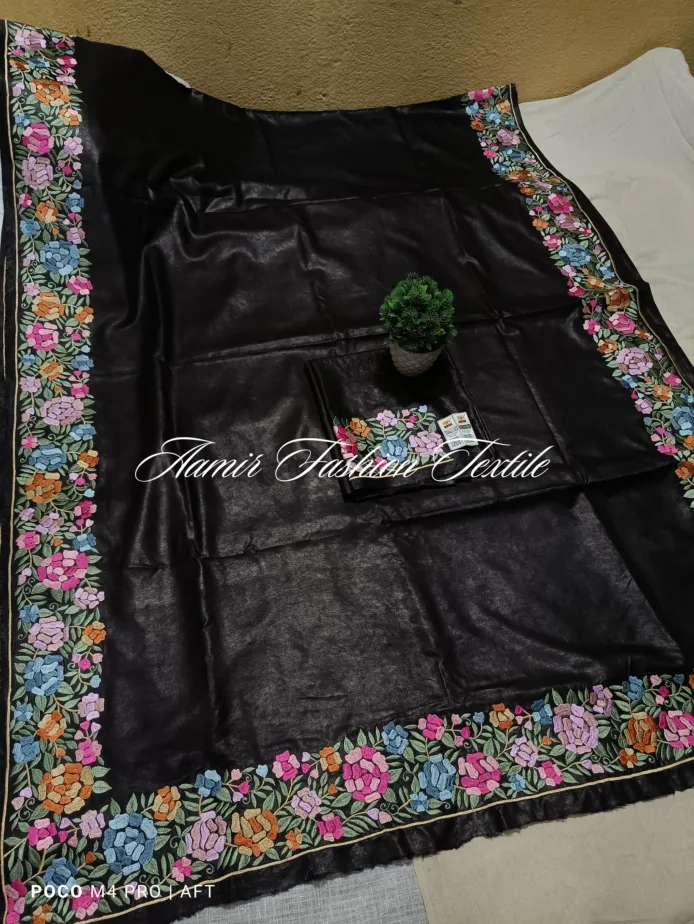 Bhagalpuri Tussar Silk Saree with Hand Embroidered Borders