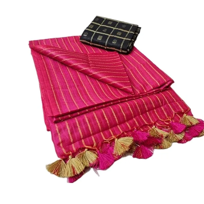Semi Tussar Silk Sarees | Soft Silk with Stripes & Dobby Woven Blouse