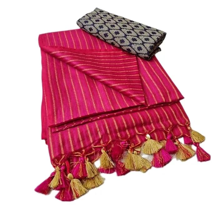Semi Tussar Silk Sarees | Soft Silk with Stripes & Dobby Woven Blouse