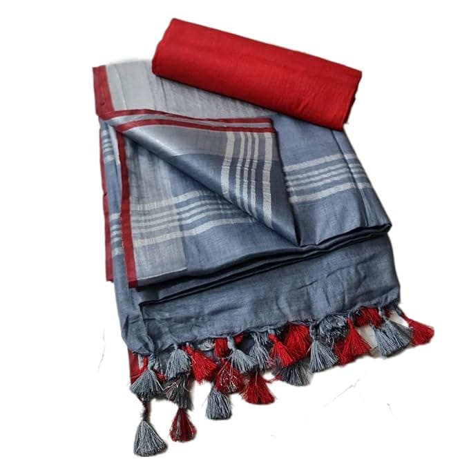 Pure Cotton Linen Saree Online with Contrast Blouse